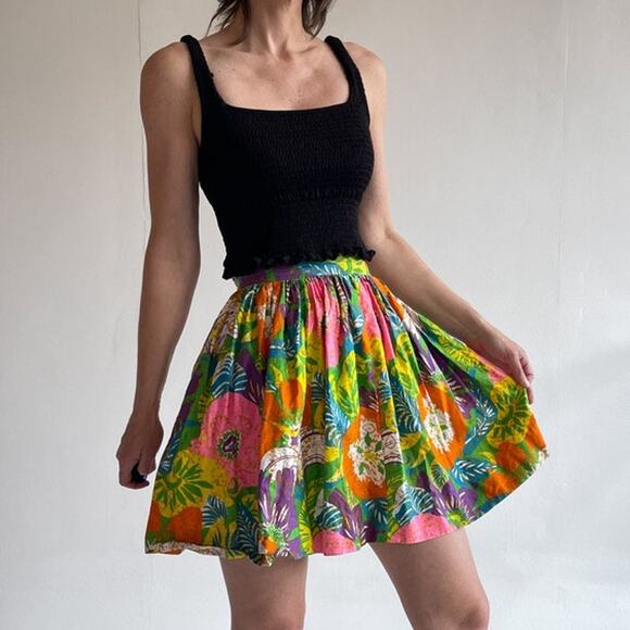 Vintage Dresses & Skirts - Vtg 60s 70's Bright Floral Pleated Mini Skirt Size XS Retro Boho Flower Power